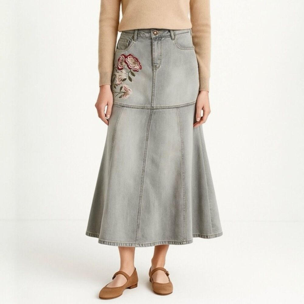 Vintage Jeanology Denim Maxi Skirt Boho Embroidered Mermaid Hem Gray Wash Size 4